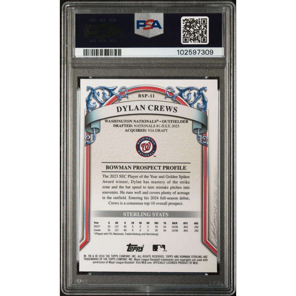 PSA Graded Dylan Crews 2024 Bowman Sterling Prospect Card baseball card image