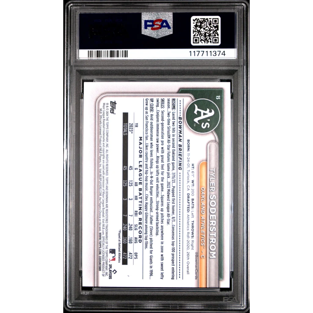 Graded 2024 Topps Bowman Tyler Soderstrom #15 Rookie RC Baseball Card PSA 9 Mint | PSA 9 Mint Graded Rookie Card | vintageantiquesgifts.com