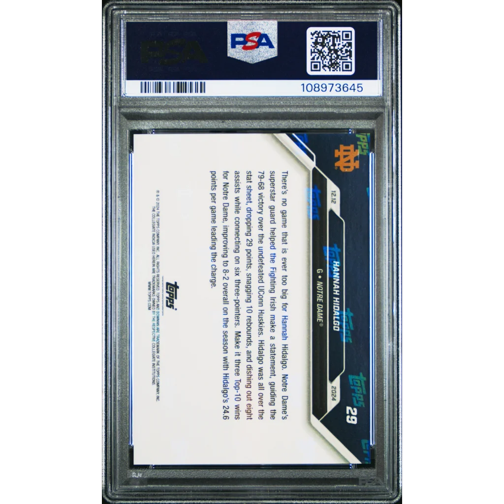 PSA 10 Hannah Hidalgo Notre Dame Basketball Card Blue Numbered 29 showing graded card