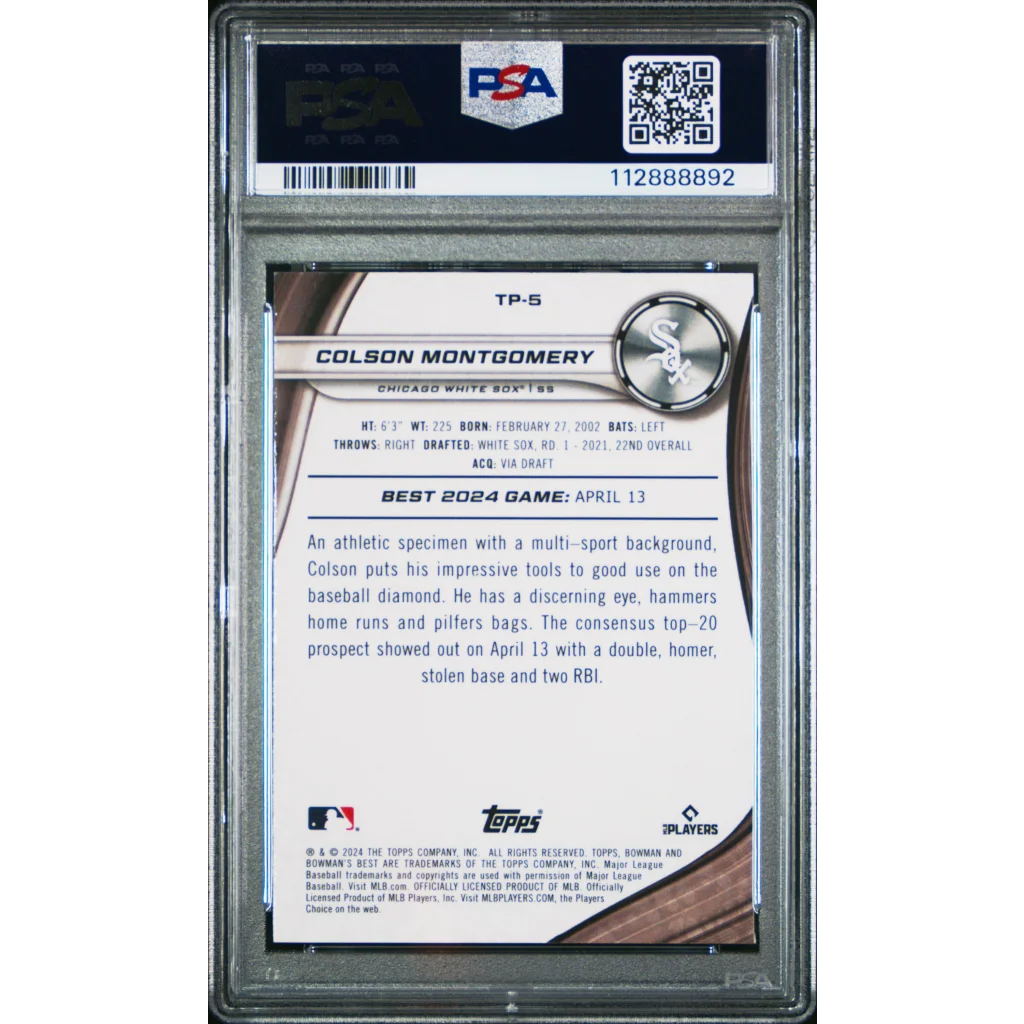 Graded 2024 Topps Bowmans Best Colson Montgomery #TP5 Top Prospects Yellow Lazer /75 Rookie RC Baseball Card PSA 10 Gem Mint