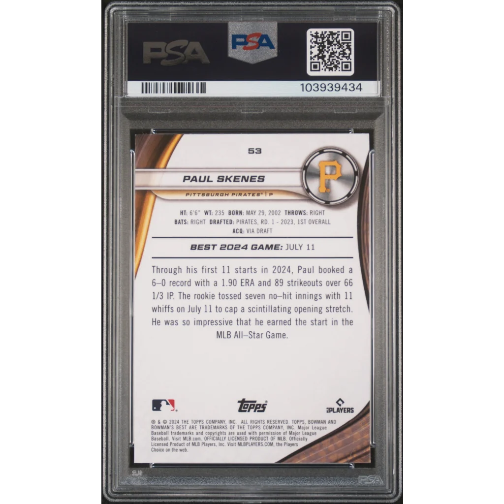 Graded 2024 Topps Bowmans Best Paul Skenes #53 Rookie RC Baseball Card PSA 10 Gem Mint | PSA 10 Gem Mint Graded Rookie Card | vintageantiquesgifts.com