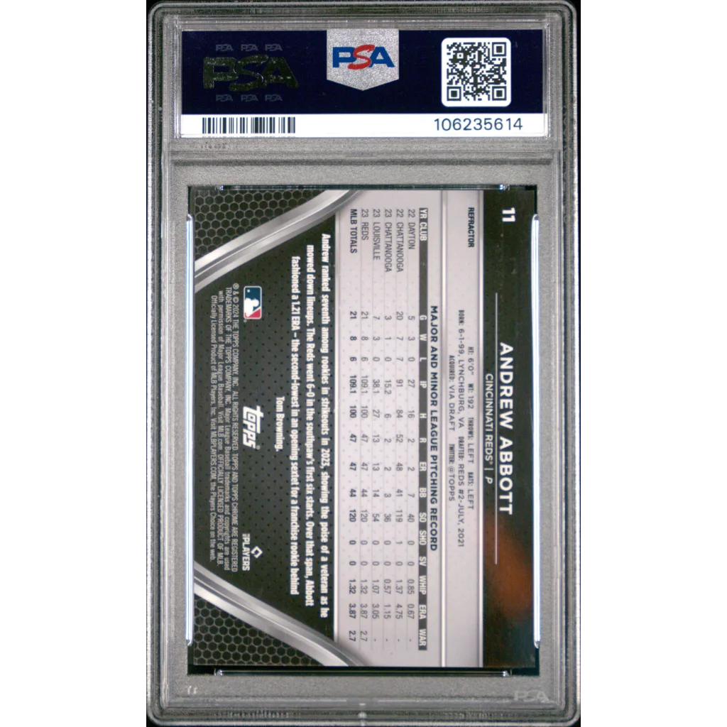 A graded PSA 10 Andrew Abbott Chrome Black Refractor baseball card 054/199 Gem Mint