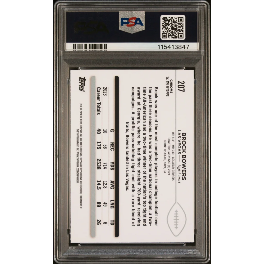 Graded 2024 Topps Chrome Brock Bowers #207 Rookie RC Football Card PSA 10 Gem Mint | PSA 10 Gem Mint Graded Rookie Card | vintageantiquesgifts.com