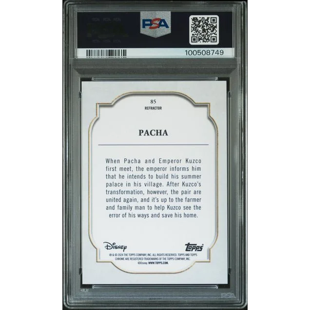 Graded PSA 10 Topps Chrome Disney Pacha Refractor Card with white and gold border design