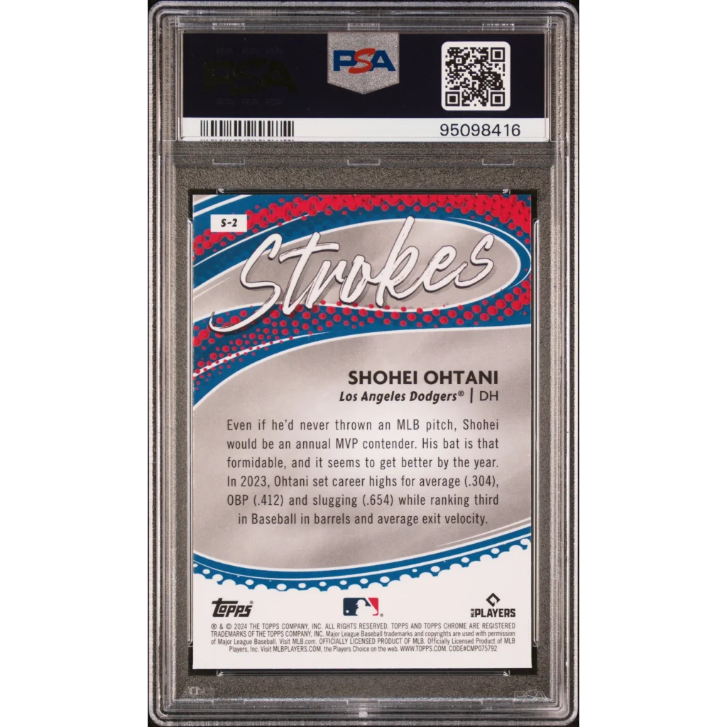 Psa graded 2024 topps chrome shohei ohtani los angeles dodgers baseball card with strokes design on glossy cardboard