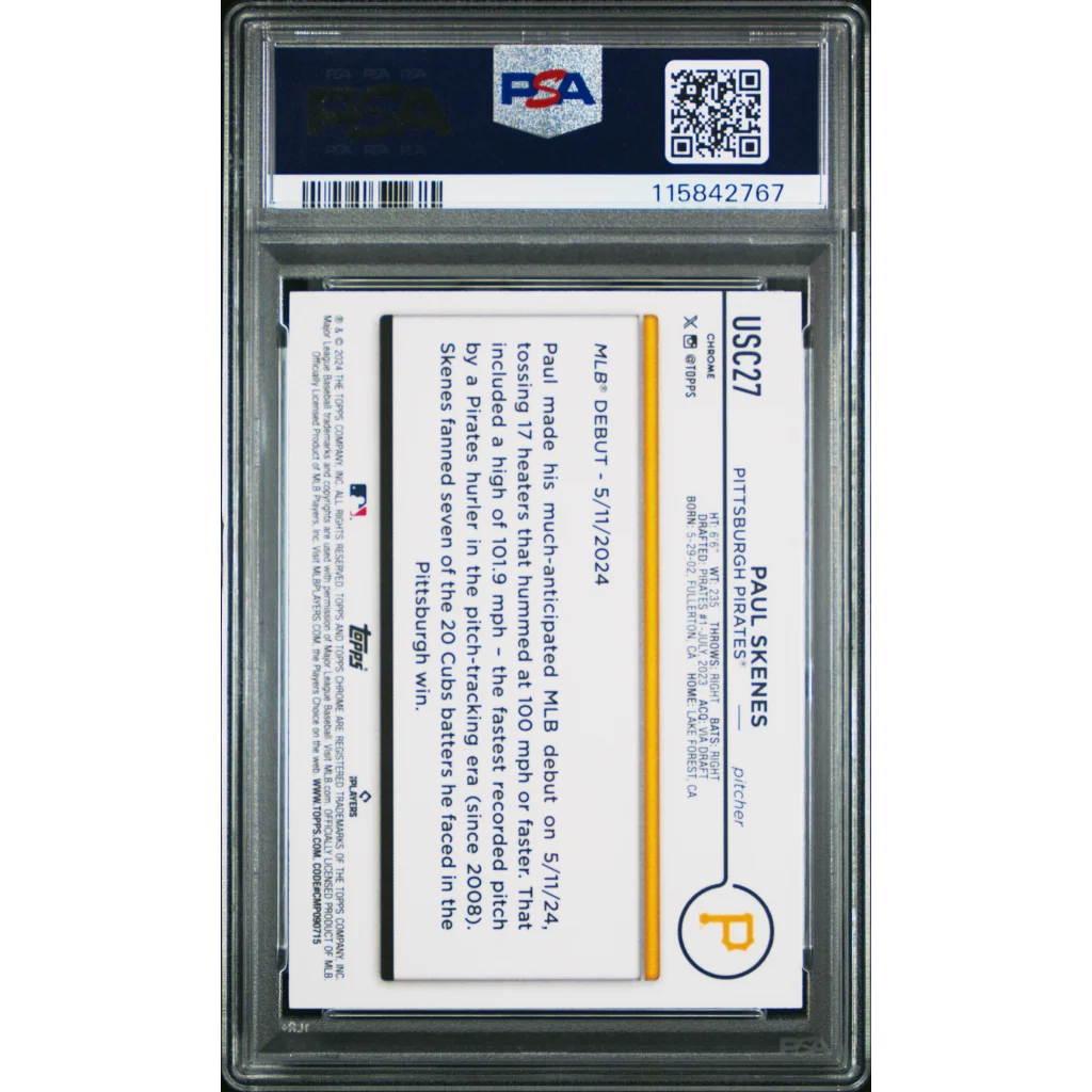 Graded 2024 Topps Chrome Update Paul Skenes #USC27 XFractor Rookie RC Baseball Card PSA 10 Gem Mint | PSA 10 Gem Mint Graded Rookie Card | vintageantiquesgifts.com