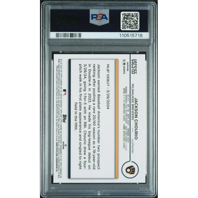 Graded 2024 Topps Chrome Update Sapphire Jackson Chourio #155 Rookie RC Baseball Card PSA 10 Gem Mint