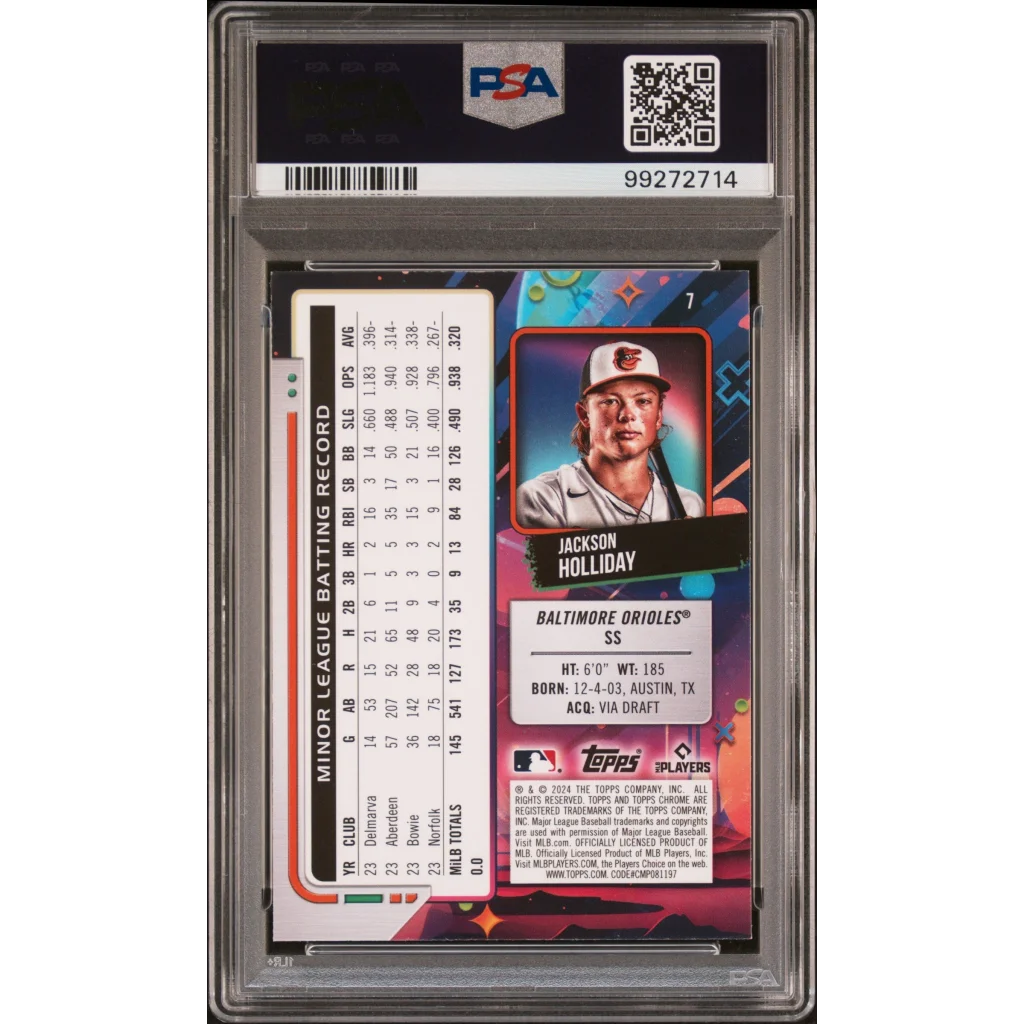 PSA graded Jackson Holliday 2024 Topps Chrome Cosmic baseball card showing Orioles shortstop