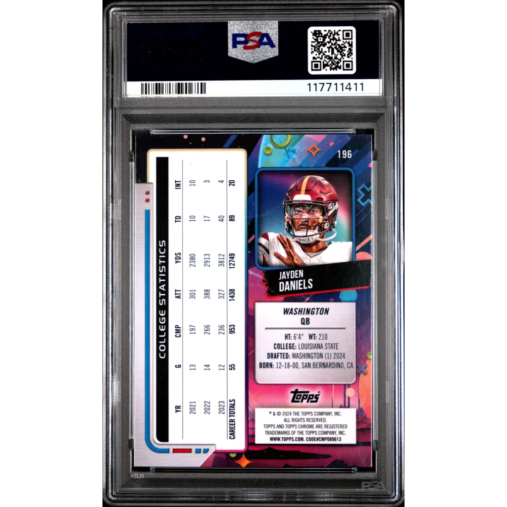 PSA graded Jayden Daniels 2024 Topps Cosmic Chrome rookie card in protective case