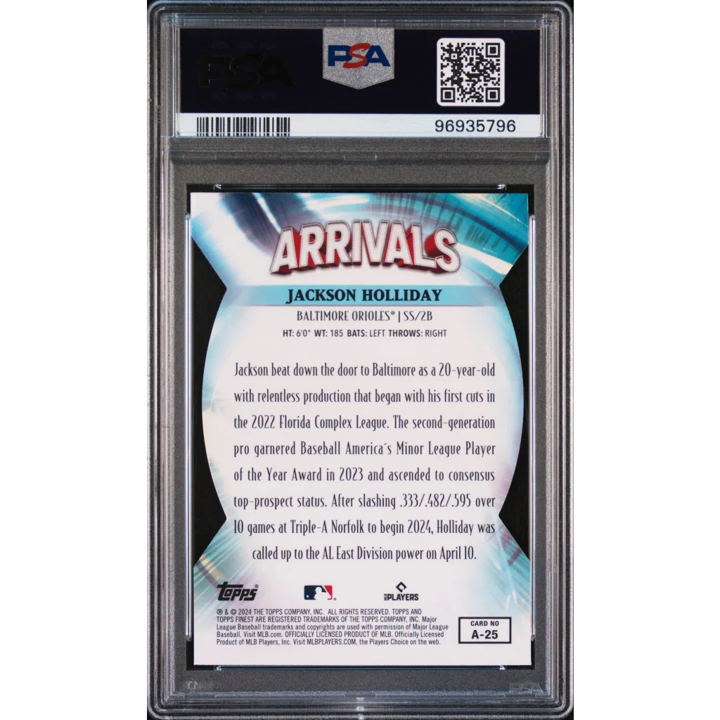 Graded 2024 Topps Finest Jackson Holliday #A25 Arrivals Rookie RC Baseball Card PSA 10 Gem Mint | PSA 10 Gem Mint Graded Rookie Card | vintageantiquesgifts.com
