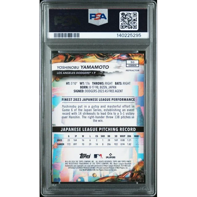 Graded PSA 10 2024 Topps Finest Yoshinobu Yamamoto #50 Refractor RC card