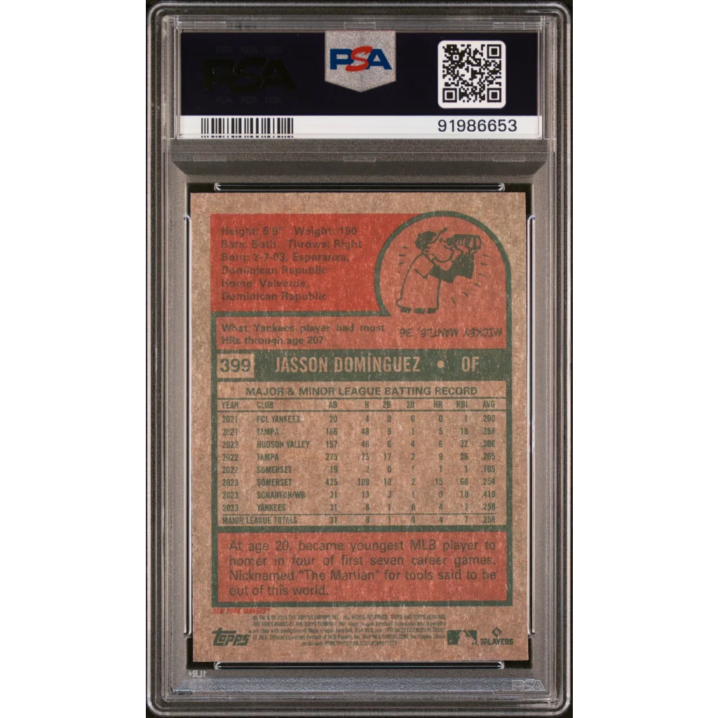 Graded 2024 Topps Heritage Jasson Dominguez #399 Chrome Purple Rookie RC Baseball Card PSA 10 Gem Mint | PSA 10 Gem Mint Graded Rookie Card | vintageantiquesgifts.com