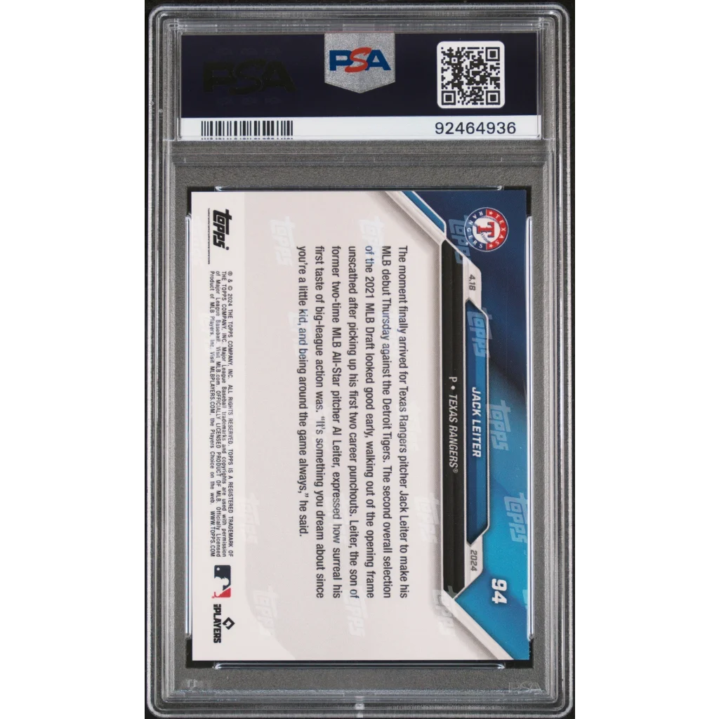 Graded Jack Leiter sports card with PSA GEM MT 10 sports card authentication