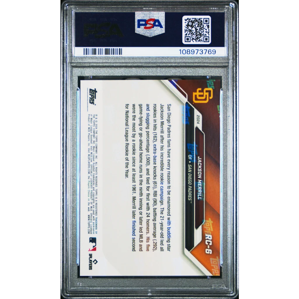 PSA 10 Graded 2024 Topps Now Jackson Merrill Rookie Cup Black /99 RC Card