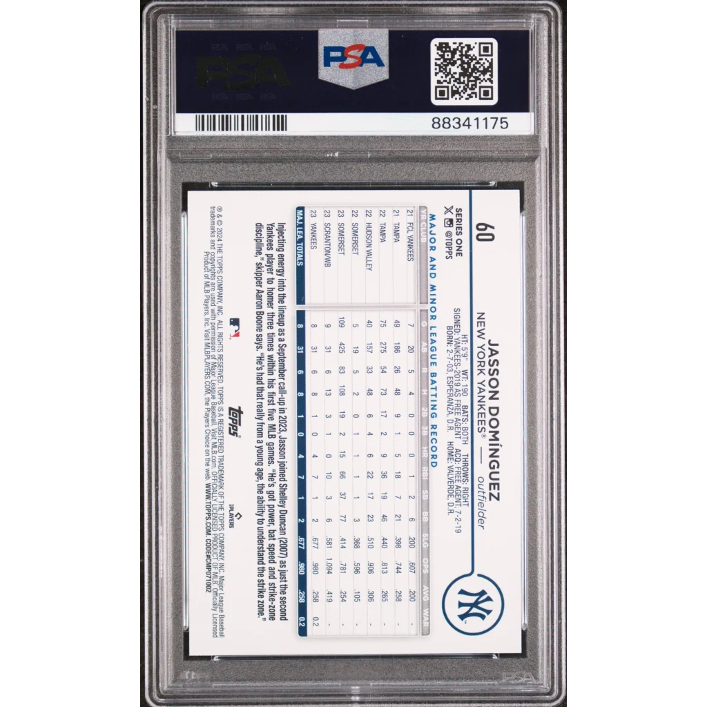 Graded 2024 Topps Jasson Dominguez #60 Rookie RC Baseball Card PSA 10 Gem Mint | PSA 10 Gem Mint Graded Rookie Card | vintageantiquesgifts.com