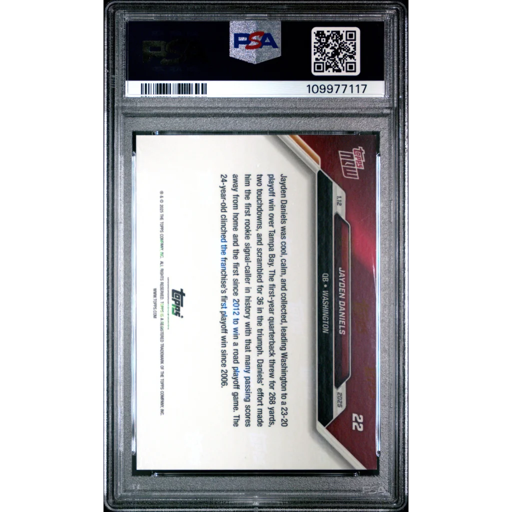 A graded Jayden Daniels Purple Rookie Card from 2024 Topps in PSA holder