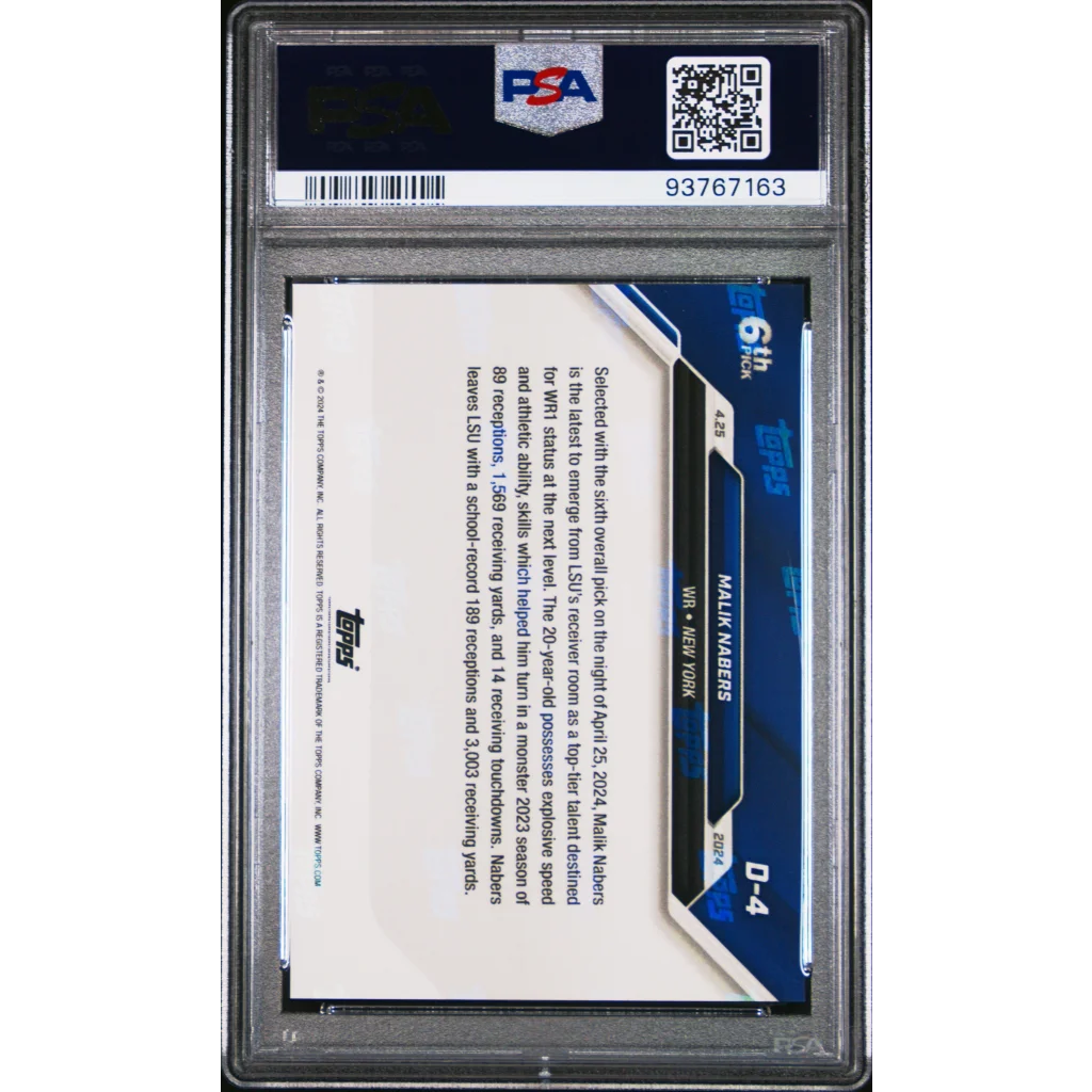PSA Graded Malik Nabers Rookie Football Card on display in a cool product shot