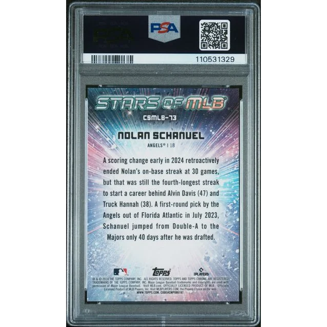 Graded 2024 Topps Nolan Schanuel #CSMLB73 /75 Stars of MLB Chrome Red Refractor Rookie RC Baseball Card PSA 10 Gem Mint | PSA 10 Gem Mint Graded Rookie Card | vintageantiquesgifts.com