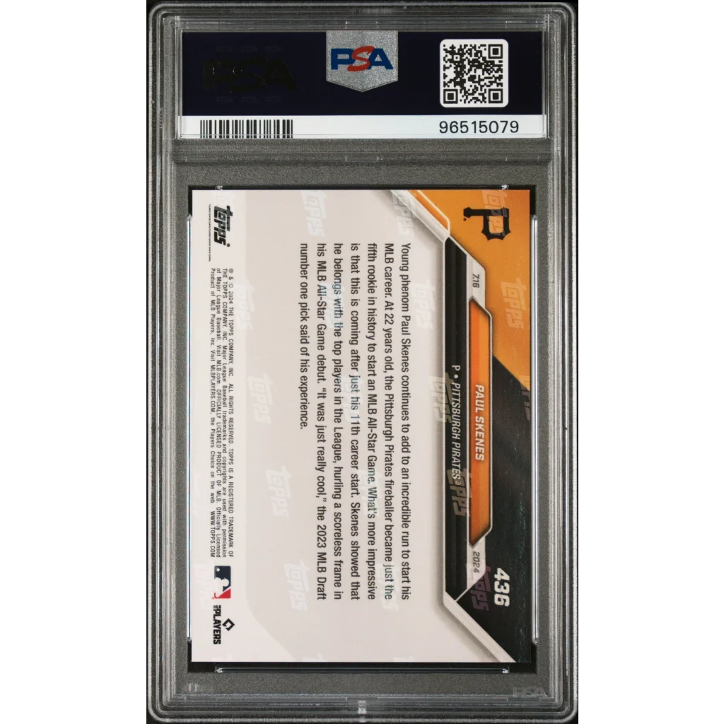 A graded 2024 Topps Now Paul Skenes rookie baseball card in PSA holder