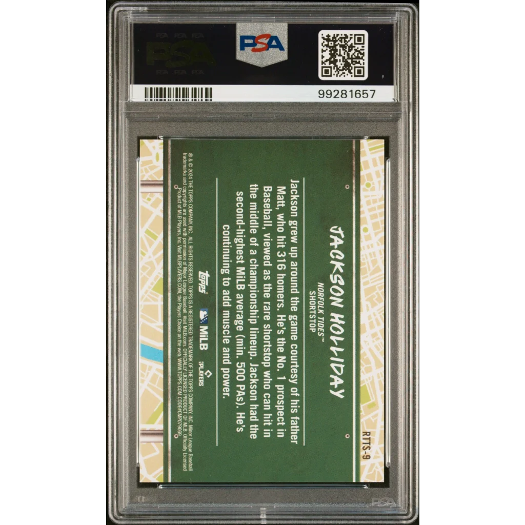 Graded Jackson Holliday 2024 Topps Pro Debut baseball trading card in product display