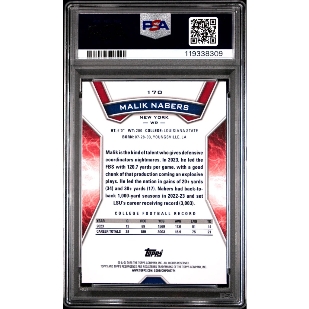 Graded 2024 Topps Resurgence Malik Nabers #170 Blue & Orange Spark Rookie RC Football Card PSA 10 Gem Mint