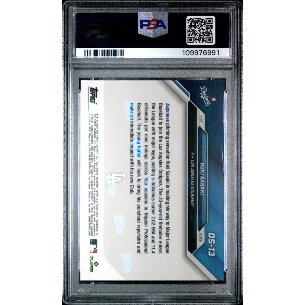 A graded Roki Sasaki baseball card from 2024 Topps Now in PSA case