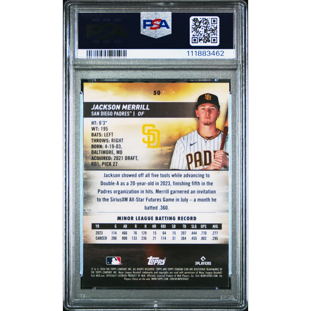 Graded 2024 Topps Stadium Club Jackson Merrill #50 Chrome Rookie RC Baseball Card PSA 10 Gem Mint
