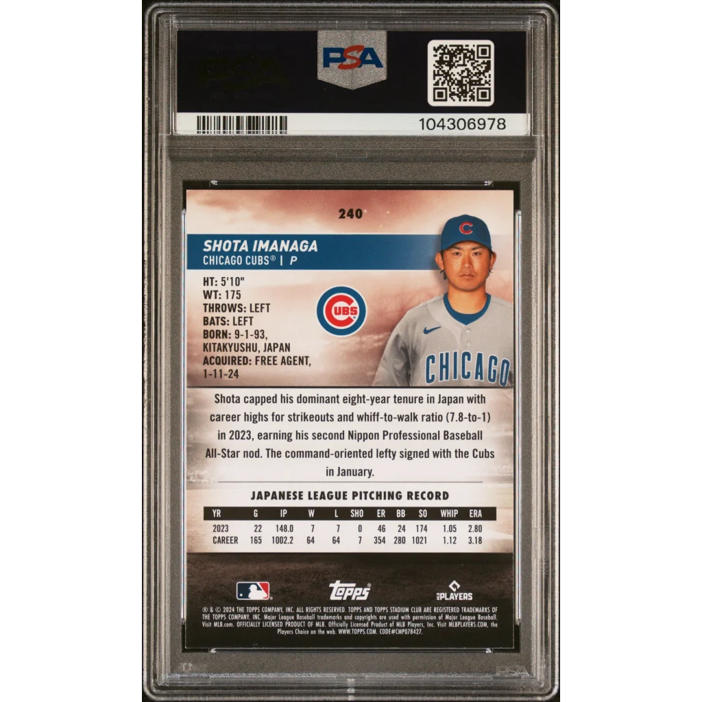 Graded 2024 Topps Stadium Club Shota Imanaga #240 Red Foil Rookie RC Baseball Card PSA 10 Gem Mint | PSA 10 Gem Mint Graded Rookie Card | vintageantiquesgifts.com