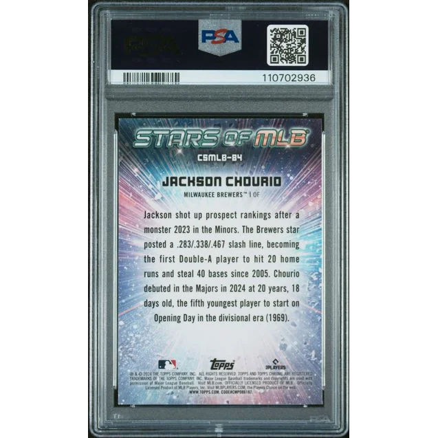 Graded 2024 Topps Stars of MLB Chrome Jackson Chourio #CSMLB84 Rookie RC Baseball Card PSA 10 Gem Mint | PSA 10 Gem Mint Graded Rookie Card | vintageantiquesgifts.com