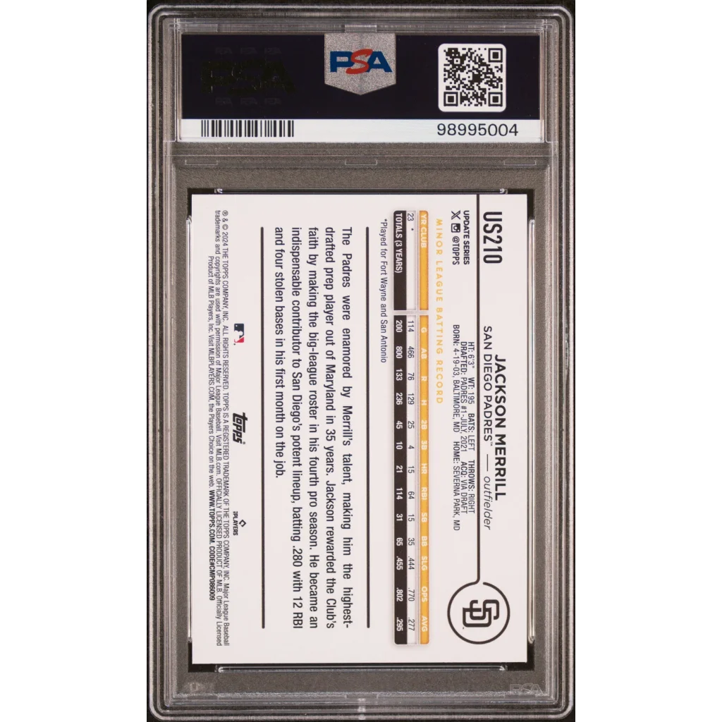PSA-graded Jackson Merrill 2024 Topps Update baseball card by Professional Sports Authenticator