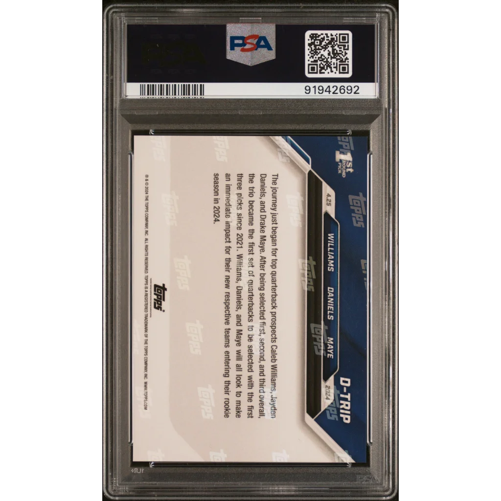 PSA 10 GEM MINT 2024 Topps Now Williams Daniels Maye Rookie Card with three football prospects
