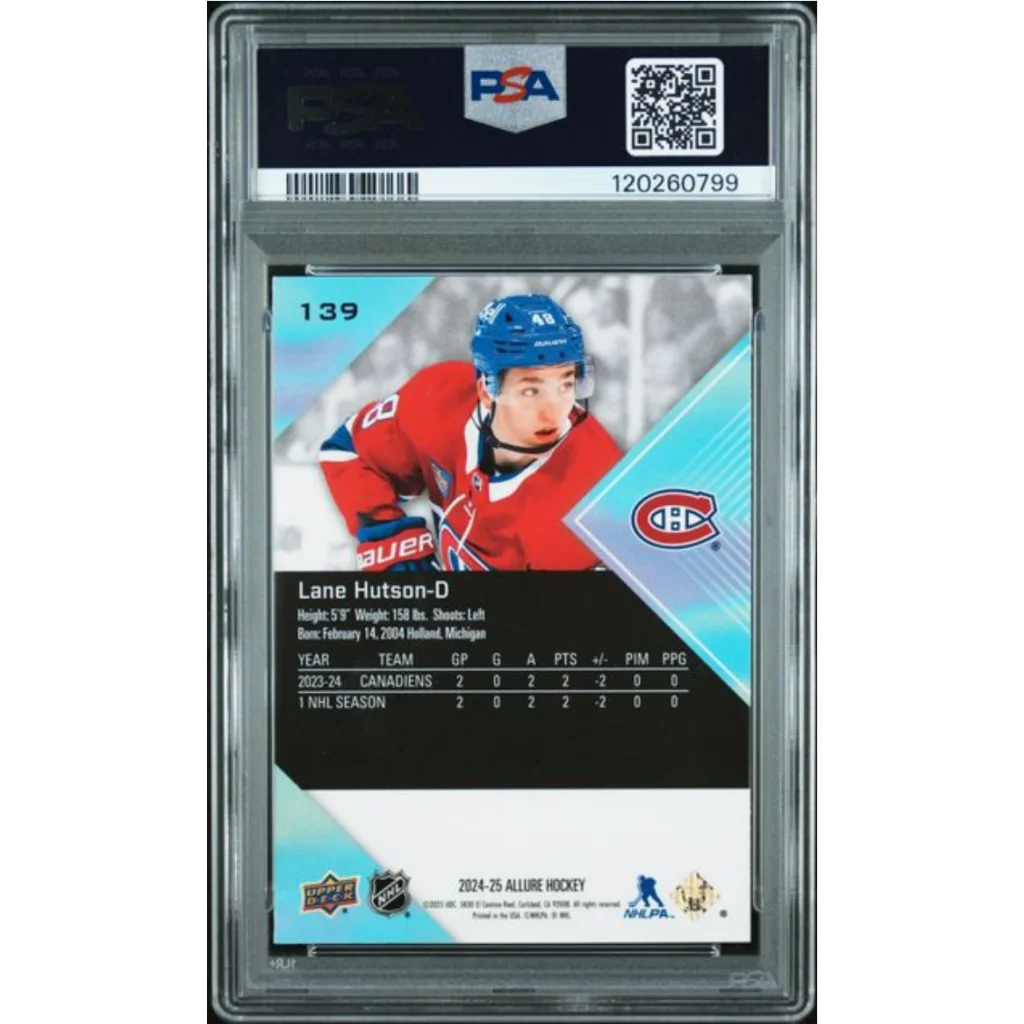 Graded 2024 Upper Deck Allure Lane Hutson #139 Rookie RC Hockey Card PSA 10 Gem Mint | PSA 10 Gem Mint Graded Rookie Card | vintageantiquesgifts.com