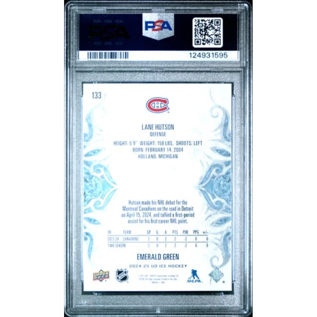 Graded 2024 Upper Deck Ice Lane Hutson #133 Emerald Green Rookie RC Hockey Card PSA 10 Gem Mint | PSA 10 Gem Mint Graded Rookie Card | vintageantiquesgifts.com