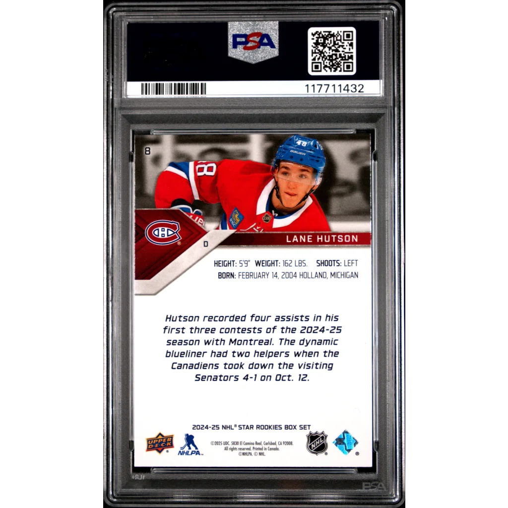PSA 10 gem mint Lane Hutson 2024 Upper Deck Star Rookies RC hockey card slabbed
