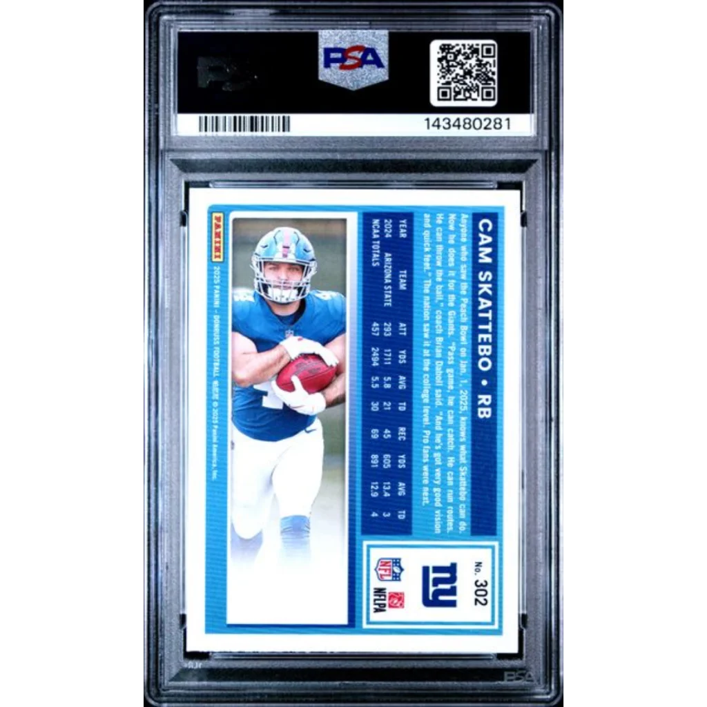 Graded 2025 Panini Donruss Cam Skattebo 302 Rookie RC Football Card PSA 10 Gem Mint | PSA 10 Gem Mint Graded Rookie Card | vintageantiquesgifts.com
