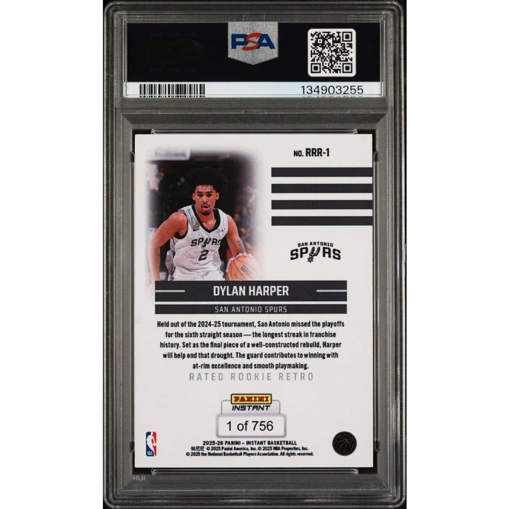 PSA 9 Graded 2025 Panini Instant Dylan Harper Retro Rookie Spurs Card 1/756