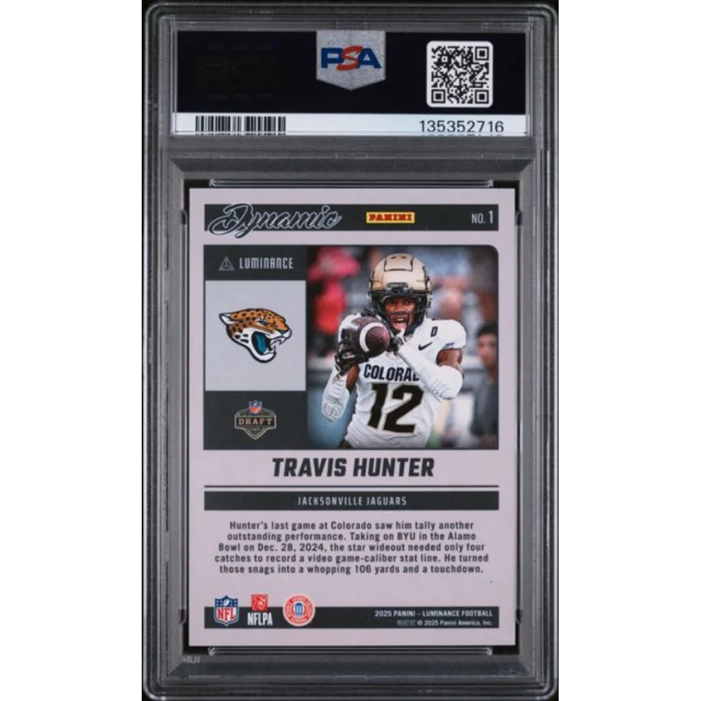 Graded 2025 Panini Luminance Travis Hunter 1 Dynamic Rookies Orange 100 Rookie RC Football Card PSA 10 Gem Mint | PSA 10 Gem Mint Graded Rookie Card | vintageantiquesgifts.com