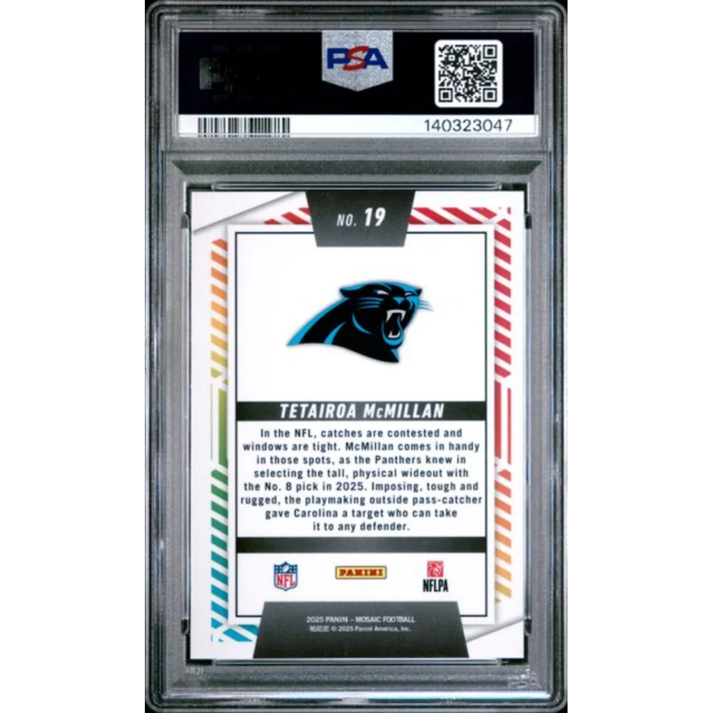 Graded 2025 Panini Mosaic Tetairoa McMillan #19 Men of Mastery Rookie RC Football Card PSA 10 Gem Mint | PSA 10 Gem Mint Graded Rookie Card | vintageantiquesgifts.com