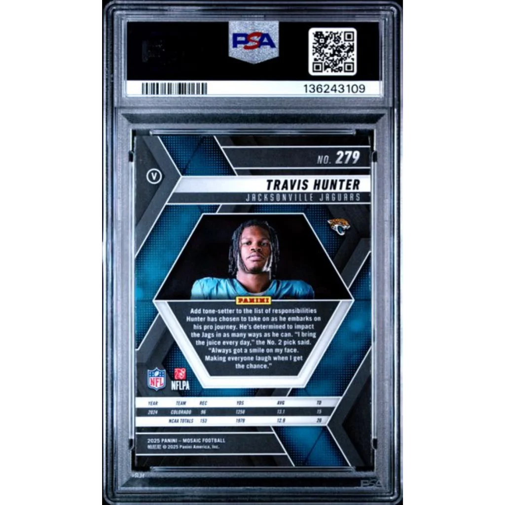 Graded 2025 Panini Mosaic Travis Hunter 279 Rookie RC Football Card PSA 10 Gem Mint | PSA 10 Gem Mint Graded Rookie Card | vintageantiquesgifts.com