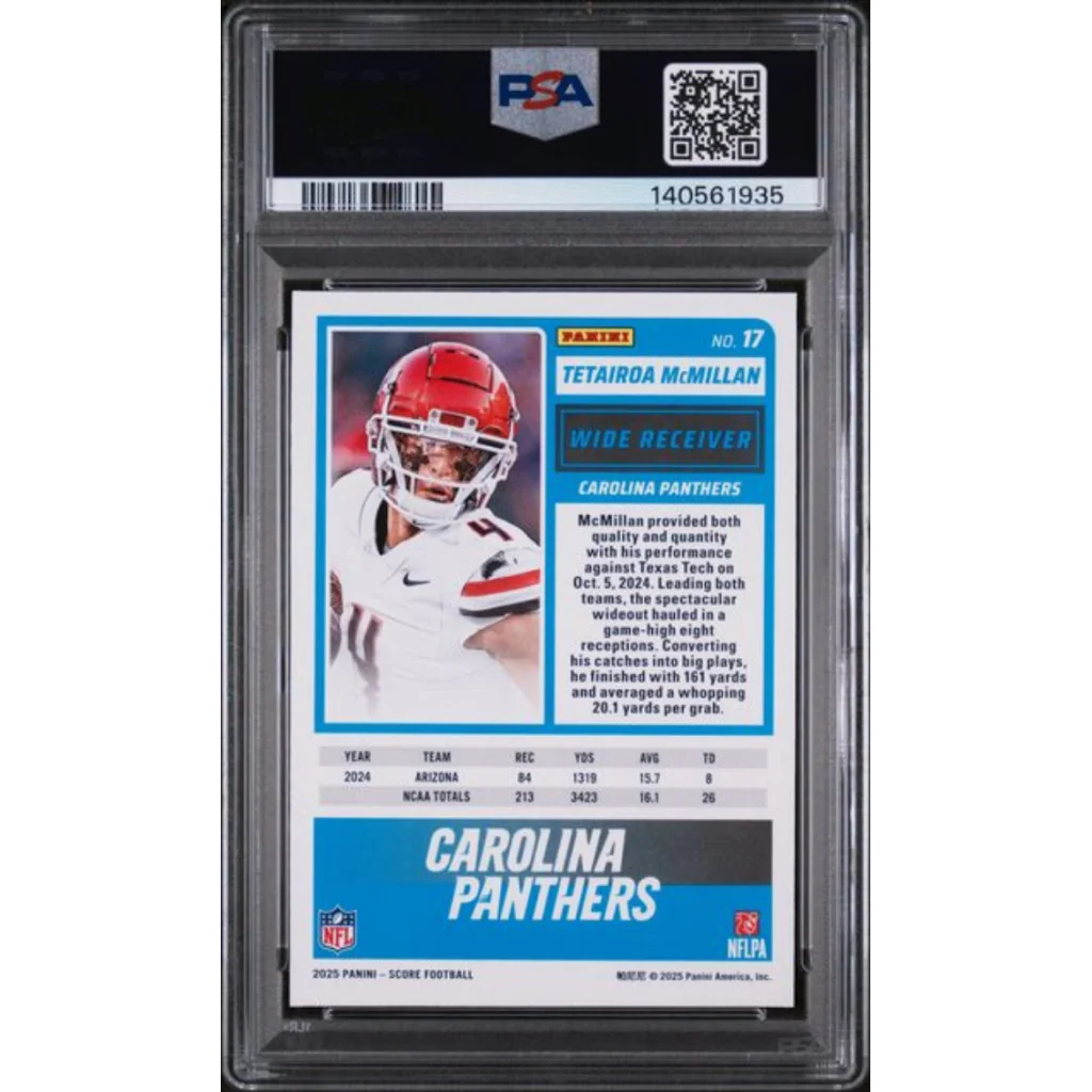 Graded 2025 Panini Score Tetairoa McMillan #17 Rookie RC Football Card PSA 10 Gem Mint | PSA 10 Gem Mint Graded Rookie Card | vintageantiquesgifts.com