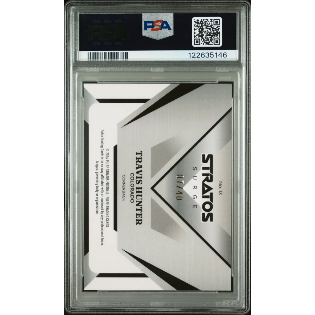 Graded 2025 Pulse Stratos Travis Hunter #13 Surge /40 Rookie RC Football Card PSA 10 Gem Mint