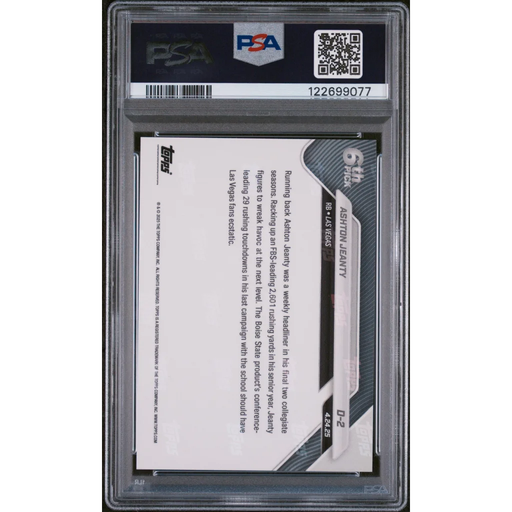 Graded 2025 Topps Now Ashton Jeanty #D2 Record Setting RB Selected 6th Overall Rookie RC Football Card PSA 10 Gem Mint | PSA 10 Gem Mint Graded Rookie Card | vintageantiquesgifts.com