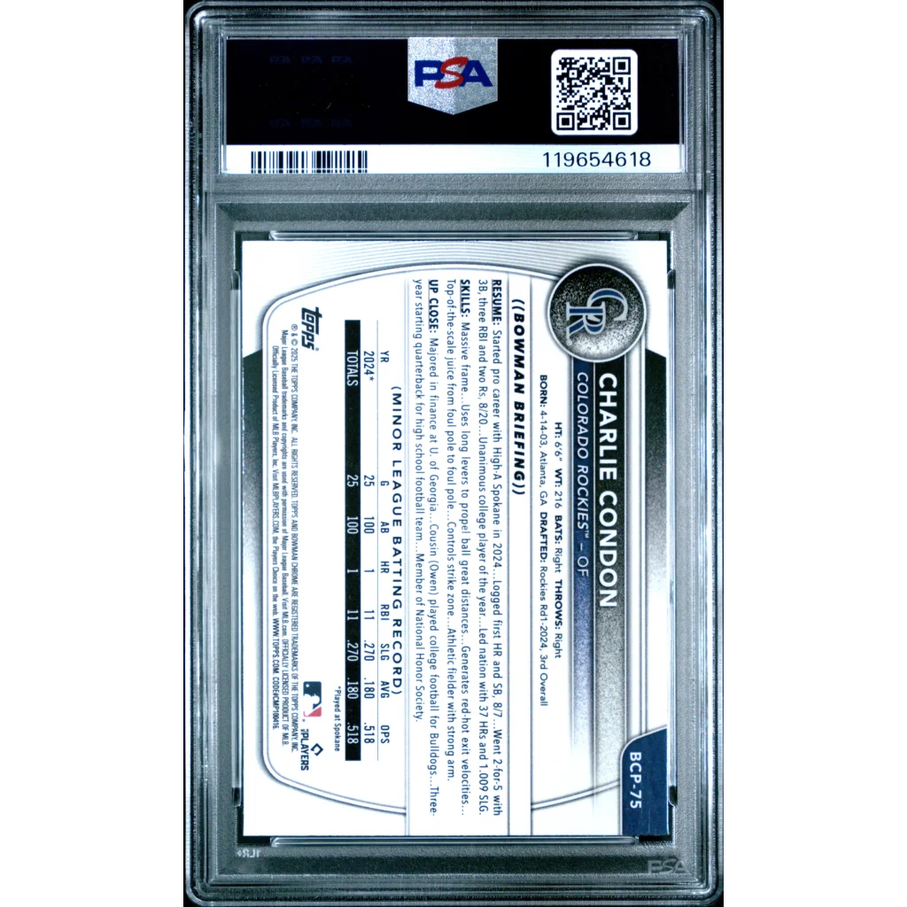 Graded 2025 Topps Bowman Charlie Condon #BCP75 Blue Geometric /150 Rookie RC Baseball Card PSA 10 Gem Mint