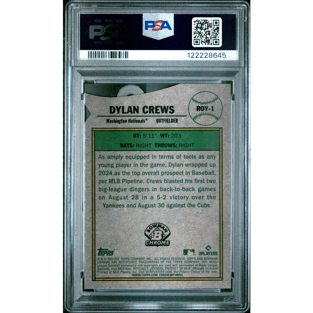 Graded 2025 Topps Bowman Dylan Crews #ROY1 Rookie of the Year Favorite Rookie RC Baseball Card PSA 9 Mint | PSA 9 Mint Graded Rookie Card | vintageantiquesgifts.com