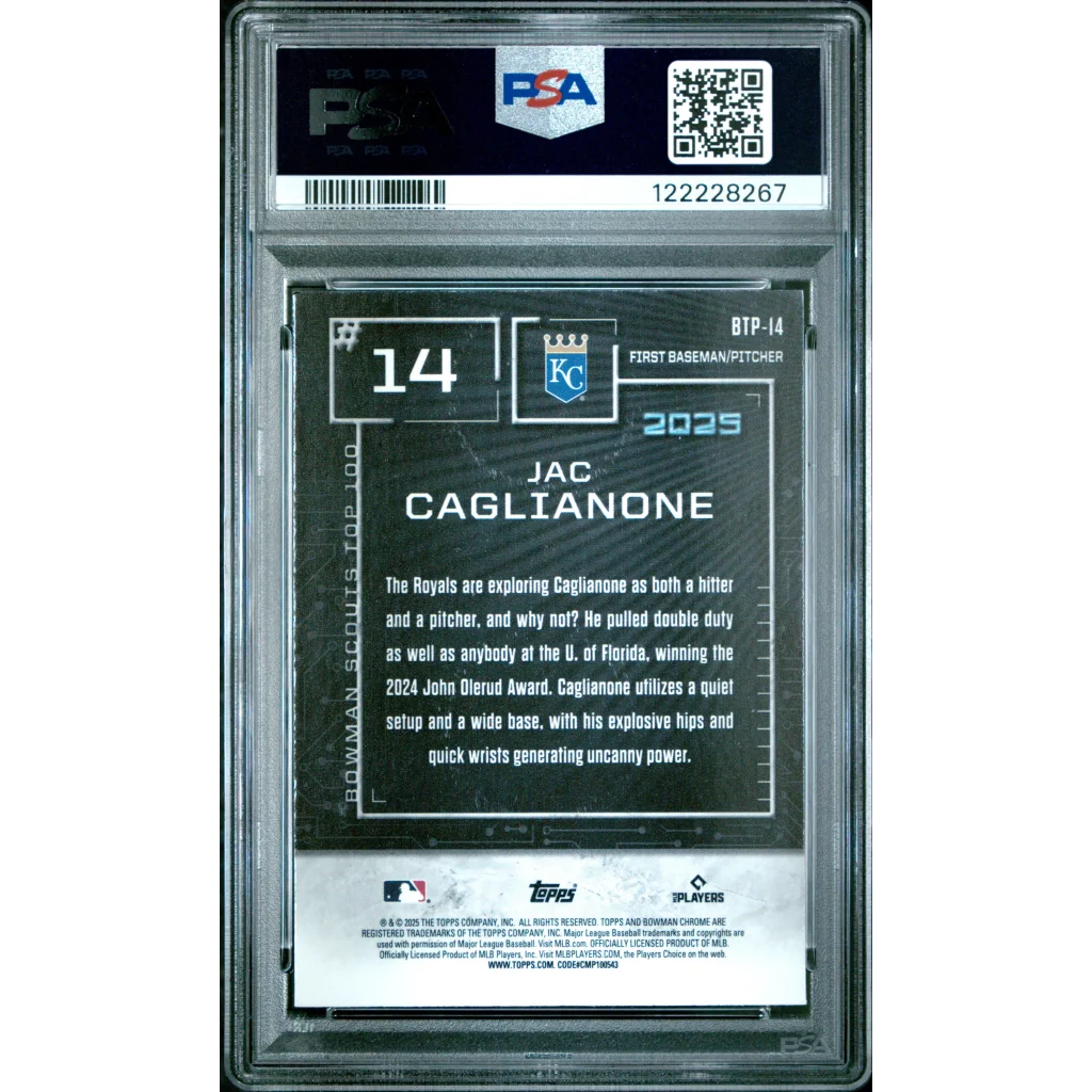Graded 2025 Topps Bowman Jac Caglianone #BTP14 Scouts Top 100 Rookie RC Baseball Card PSA 9 Mint | PSA 9 Mint Graded Rookie Card | vintageantiquesgifts.com