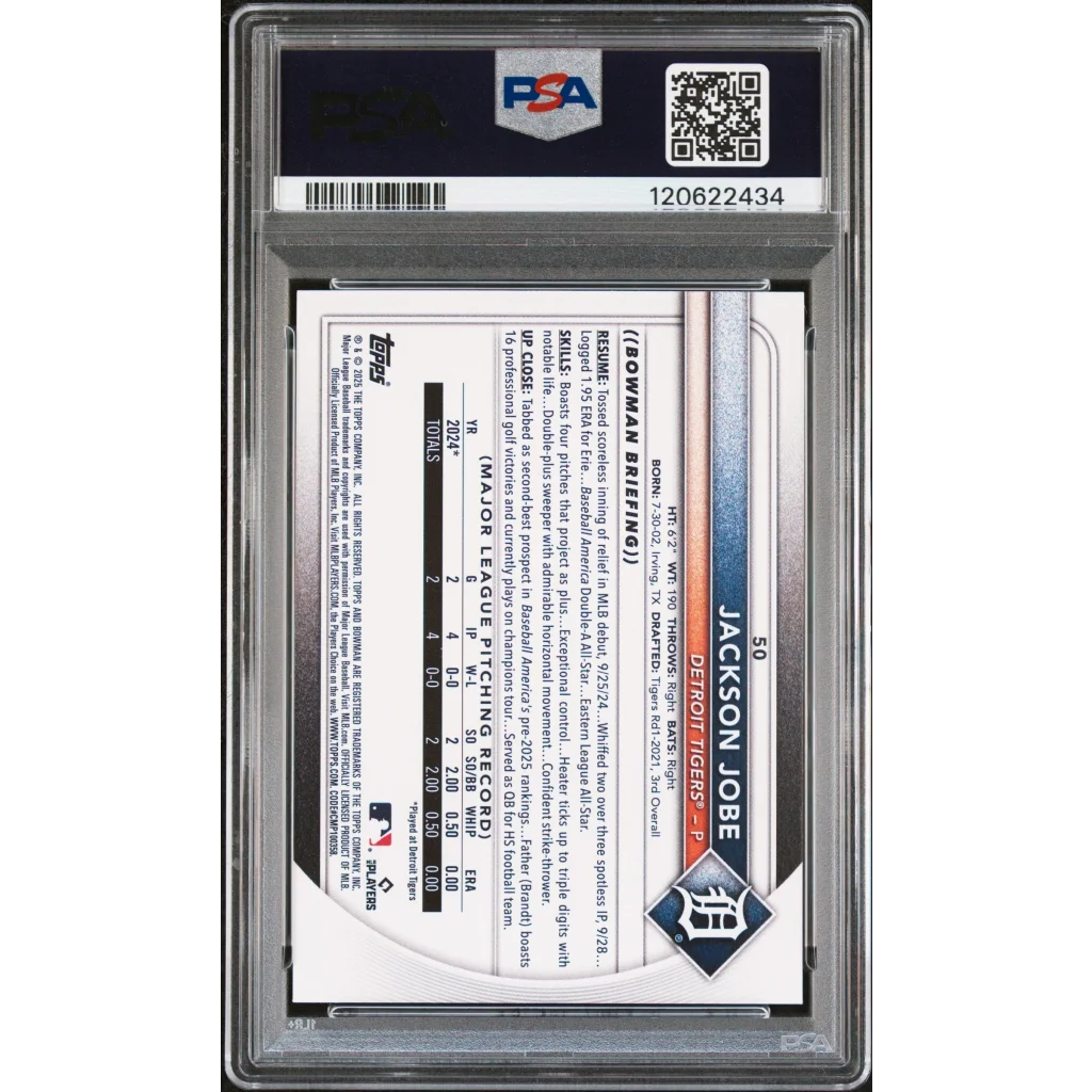 Graded 2025 Topps Bowman Jackson Jobe #50 Rookie RC Baseball Card PSA 8 Near Mint | PSA 8 NM-MT Graded Rookie Card | vintageantiquesgifts.com