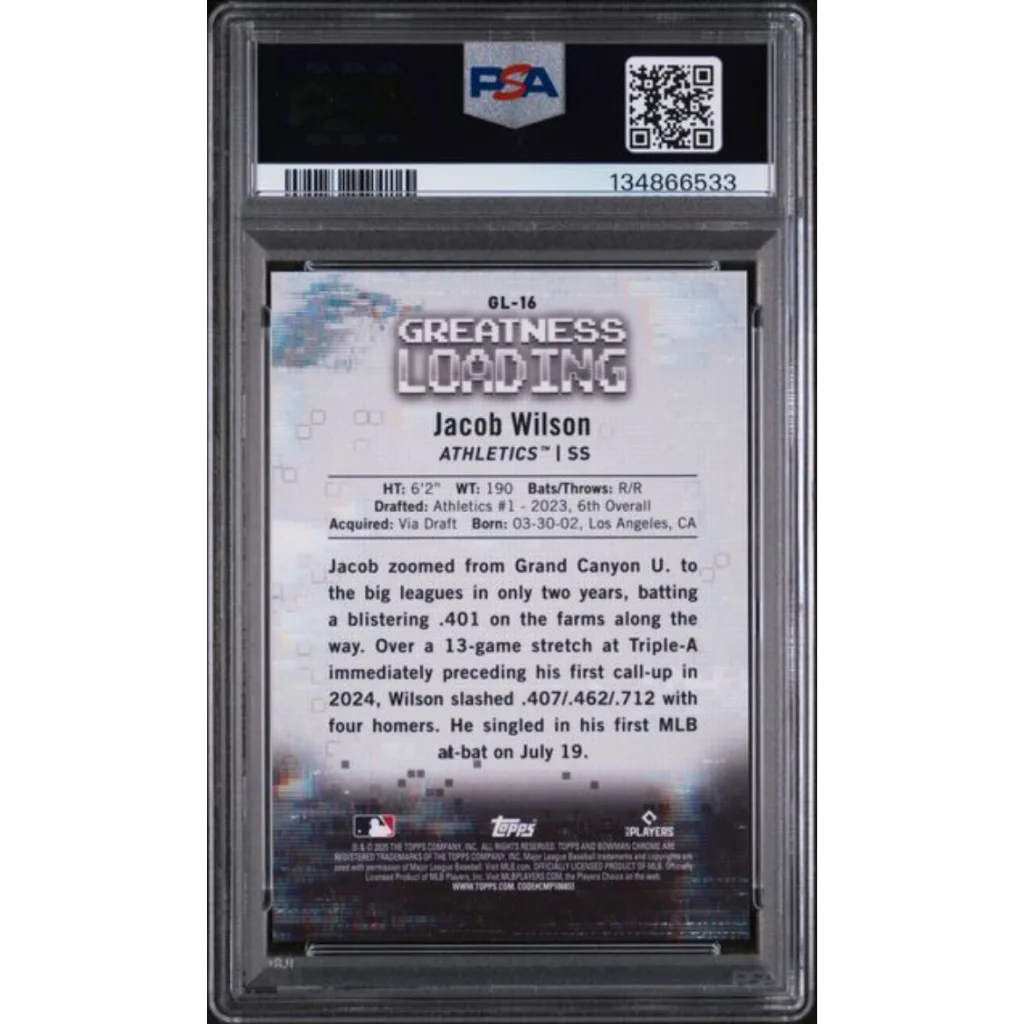 Graded 2025 Topps Bowman Jacob Wilson GL16 Greatness Loading Green Refractor 99 Rookie RC Baseball Card PSA 10 Gem Mint | PSA 10 Gem Mint Graded Rookie Card | vintageantiquesgifts.com