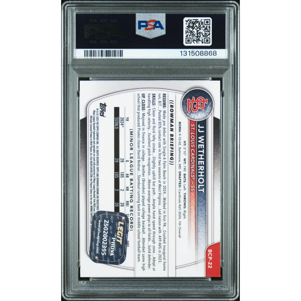 Graded 2025 Topps Bowman JJ Wetherholt BCP-22 Chrome Prospects Rookie RC Baseball Card PSA 10 Auto Grade Gem Mint | PSA 10 Gem Mint Graded Rookie Card | vintageantiquesgifts.com