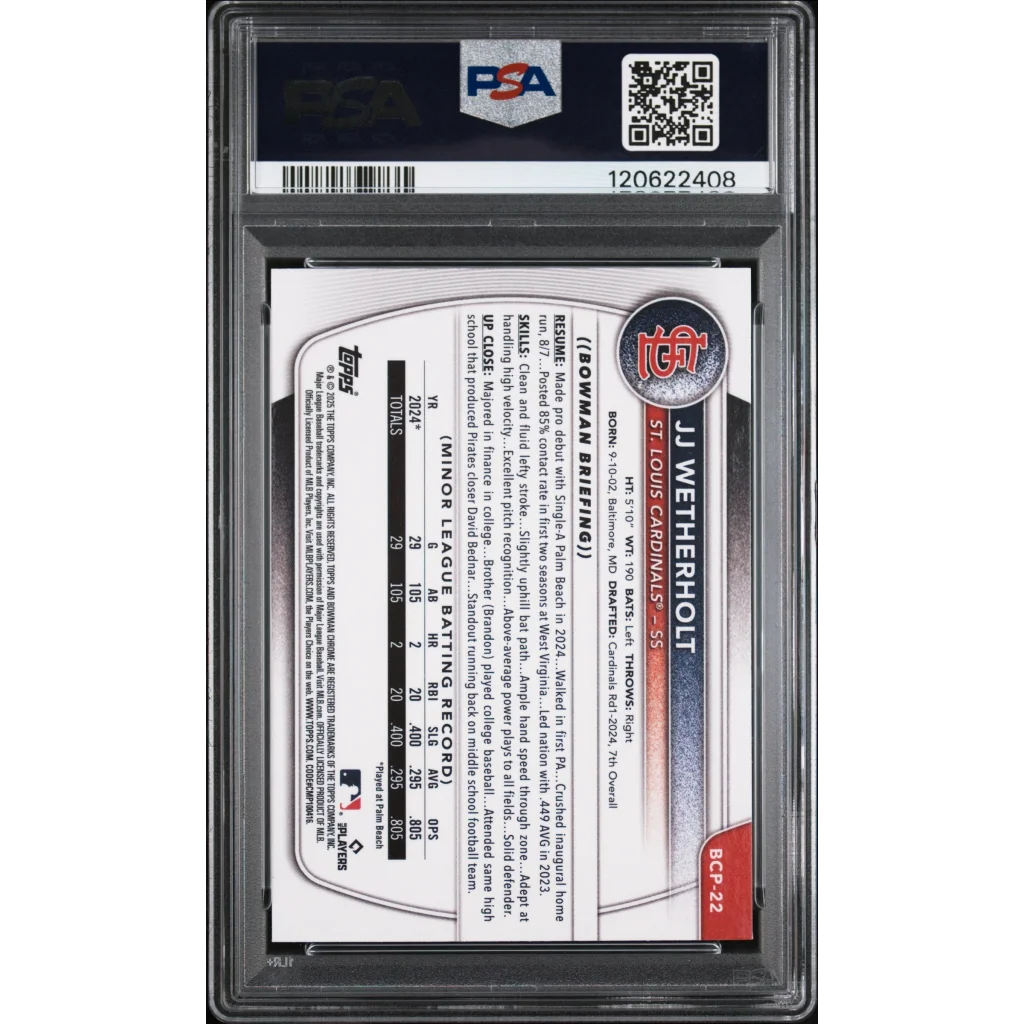Graded PSA 9 2025 Topps Bowman JJ Wetherholt Chrome Rookie Card
