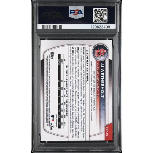 Graded 2025 Topps Bowman JJ Wetherholt #BCP22 Chrome Prospects Rookie RC Baseball Card PSA 9 Mint | PSA 9 Mint Graded Rookie Card | vintageantiquesgifts.com